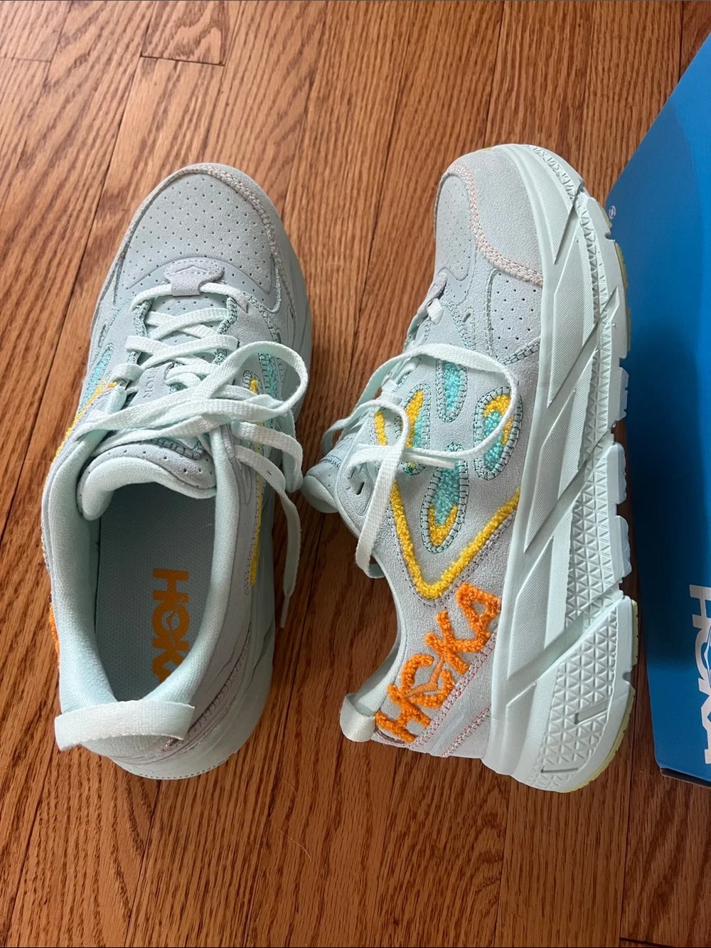 NWT NIB Hoka One One Clifton Limited Edition embroidery Shoes light blue orange